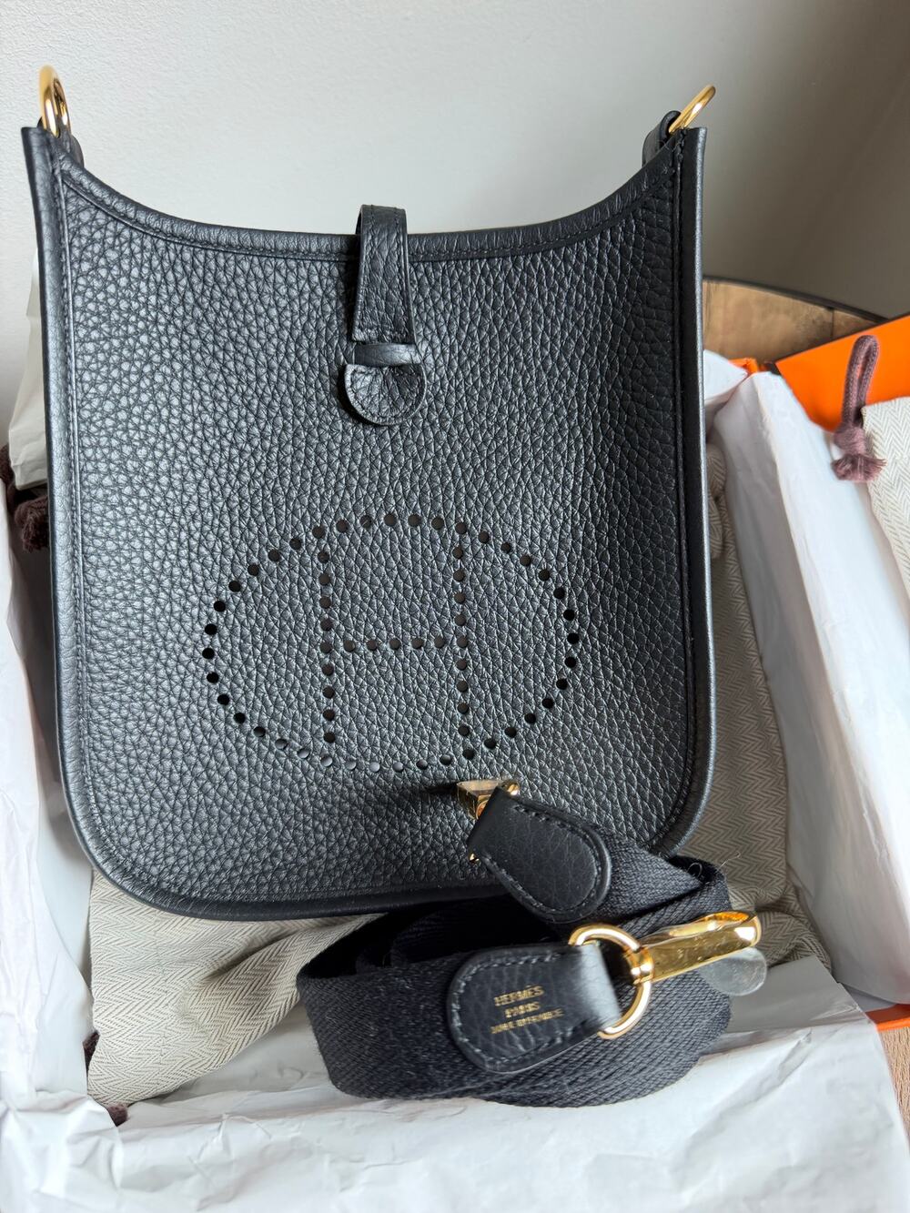 Hermès Clemence Black Gold Hardware Mini Evelyne TPM 16 BNIB